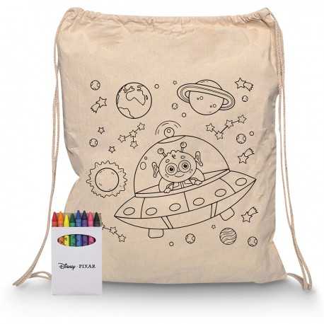 Cotton & Calico Tote Bags  - Squiggle Calico Drawstring Bag + Crayon set