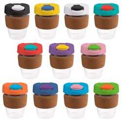 Reusable Coffee Cups - Plastic & Ceramic  - 340ml Clear Plastic Karma Kup Cork Band Plastic Flip Lid