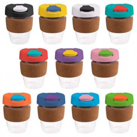 Reusable Coffee Cups - Plastic & Ceramic  - 340ml Clear Plastic Karma Kup Cork Band Plastic Flip Lid