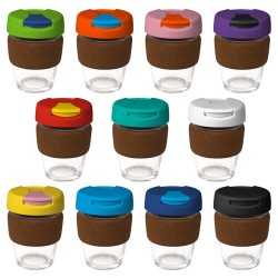 Reusable Coffee Cups - Glass  - 340ml Glass Karma Kup Cork Band Plastic Flip Lid