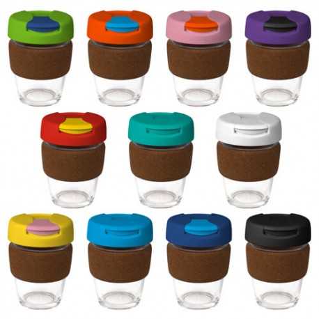 Reusable Coffee Cups - Glass  - 340ml Glass Karma Kup Cork Band Plastic Flip Lid