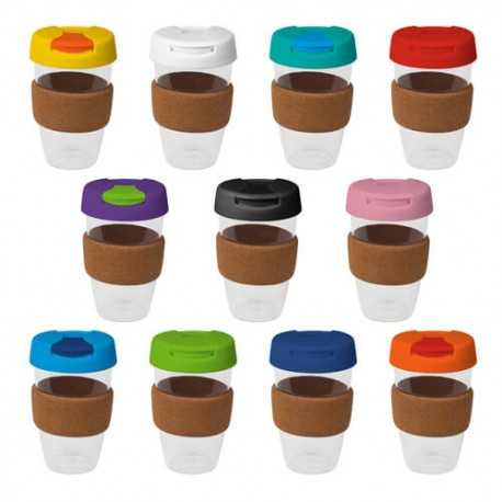 Reusable Coffee Cups - Plastic & Ceramic  - 535ml Clear Plastic Karma Kup Cork Band Plastic Flip Lid