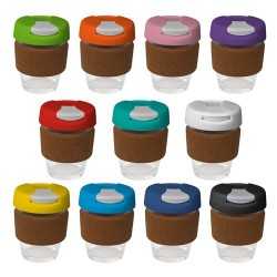Reusable Coffee Cups - Glass  - 235ml Glass Karma Kup Cork Band Plastic Flip Lid
