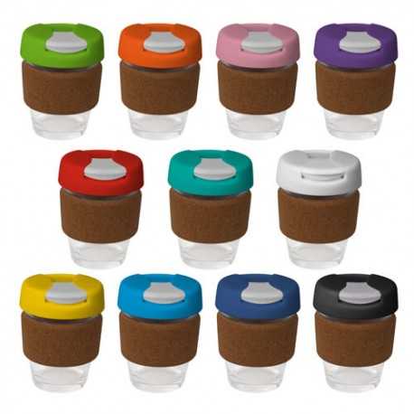 Reusable Coffee Cups - Glass  - 235ml Glass Karma Kup Cork Band Plastic Flip Lid