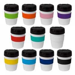Reusable Coffee Cups - Plastic & Ceramic  - 235ml White Stainless Steel Karma Kup Plastic Flip Lid