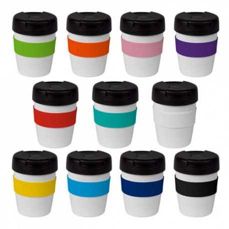 Reusable Coffee Cups - Plastic & Ceramic  - 235ml White Stainless Steel Karma Kup Plastic Flip Lid