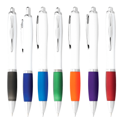 Plastic Promotional Pens  - Nash Ballpoint Pen with White Barrel and Coloured Grip