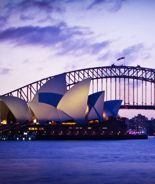 Sydney Opera House and Harbour Bridge at dusk representing iconic Australia
